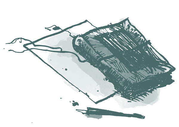 A dark, moody illustration showing a figure looking into a mirror